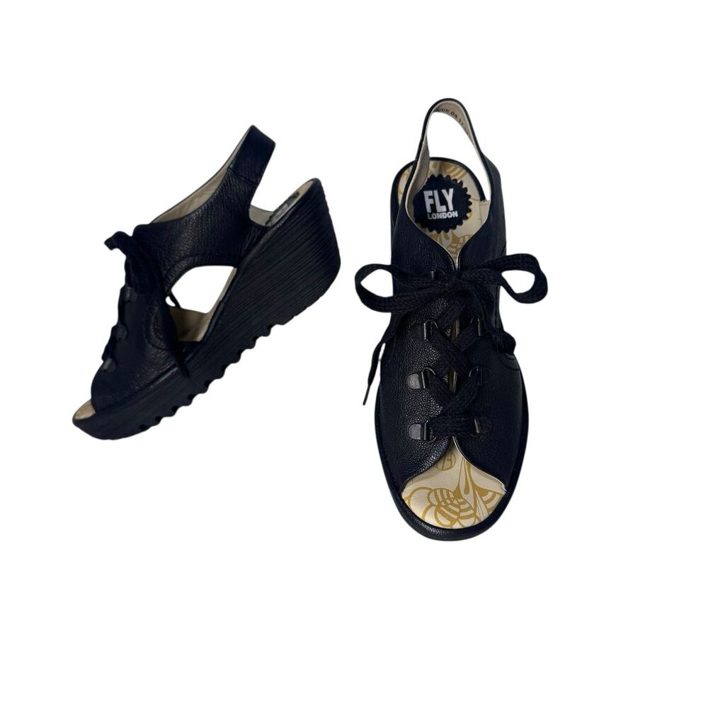 Fly London Sandals Womens 38 Gladiator Black Lace Up Peep Toe Casual Wedge Heels